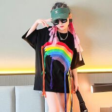 批发女童2026短袖T恤夏季网红彩虹辫子上衣洋气女孩宽松百搭打底衫潮