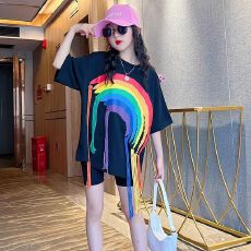 批发女童2026短袖T恤夏季网红彩虹辫子上衣洋气女孩宽松百搭打底衫潮