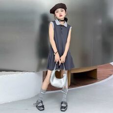 批发女童连衣裙2026夏装网红学院风无袖背心裙小女孩POLO领百褶裙子