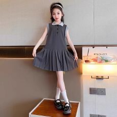 批发女童连衣裙2026夏装网红学院风无袖背心裙小女孩POLO领百褶裙子