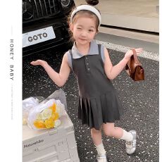 批发女童连衣裙2026夏装网红学院风无袖背心裙小女孩POLO领百褶裙子