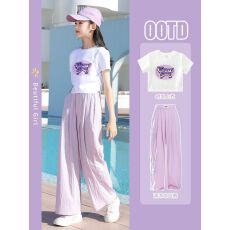 批发32支纯棉230克女童夏季短袖套装2026新款休闲中大童多巴胺两件套