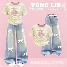 批发女童夏装纯棉上衣2026夏季新款韩版洋气宝宝印花抽绳撞色短袖T恤