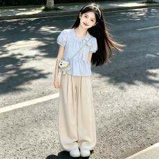 批发女<b class='q'>童</b><b class='q'>夏装</b><b class='q'>纯</b>棉上衣2026夏季新款韩版洋气宝宝印花抽绳撞色短袖T恤