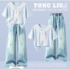 批发原版面料和做工2026新款小清新正肩撞色短袖t恤女假两件娃娃