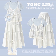 批发女童洋气明媚韩系穿搭2026新款大童初中生夏季假两件上衣套装