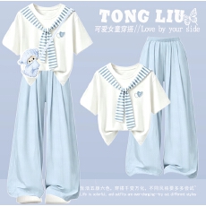 批发<b class='q'>女</b><b class='q'>童</b>印花休闲短袖套装夏季2026新款洋气女大童披肩百搭休闲阔腿裤
