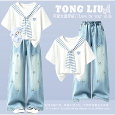 批发女<b class='q'>童</b><b class='q'>印花</b>休闲短<b class='q'>袖套装</b>夏季2026新款洋气女大<b class='q'>童</b>披肩百搭休闲阔腿裤