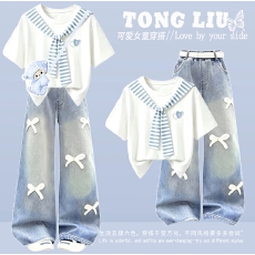 批发女<b class='q'>童</b><b class='q'>印花</b>休闲短<b class='q'>袖套装</b>夏季2026新款洋气女大<b class='q'>童</b>披肩百搭休闲阔腿裤