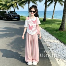 批发<b class='q'>女</b><b class='q'>童</b>印花休闲短袖套装夏季2026新款洋气女大童披肩百搭休闲