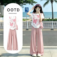 批发<b class='q'>女</b><b class='q'>童</b>印花休闲短袖套装夏季2026新款洋气女大童披肩百搭休闲