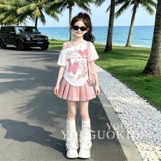 批发<b class='q'>女</b><b class='q'>童</b>印花休闲短袖套装夏季2026新款洋气女大童披肩百搭休闲