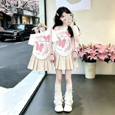 批发<b class='q'>女</b><b class='q'>童</b>印花休闲短袖套装夏季2026新款洋气女大童披肩百搭休闲