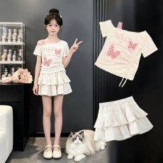 批发女<b class='q'>童</b><b class='q'>印花</b>休闲短<b class='q'>袖套装</b>夏季2026新款洋气女大<b class='q'>童</b>披肩百搭休闲