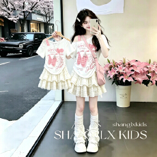 批发女<b class='q'>童</b><b class='q'>印花</b>休闲短<b class='q'>袖套装</b>夏季2026新款洋气女大<b class='q'>童</b>披肩百搭休闲