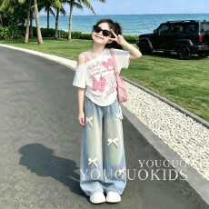 批发<b class='q'>女</b><b class='q'>童</b>印花休闲短袖套装夏季2026新款洋气女大童披肩百搭休闲