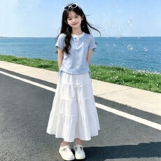 批发<b class='q'>女童</b>白<b class='q'>色</b>半身裙夏季套装26新款大童收腰短T恤女孩夏天长裙两件套