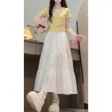批发<b class='q'>女童</b>白<b class='q'>色</b>半身裙夏季套装26新款大童收腰短T恤女孩夏天长裙两件套