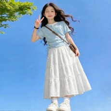 批发女童白色半身裙夏季套装26新款大童收腰短T恤女孩夏天长裙两件套