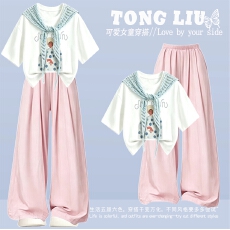批发<b class='q'>女</b><b class='q'>童</b>印花休闲短袖套装夏季2026新款洋气女大童披肩百搭休闲