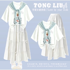 批发女童印花休闲短袖套装夏季2026新款洋气女大童披肩百搭休闲