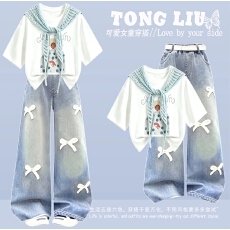 批发<b class='q'>女</b><b class='q'>童</b>印花休闲短袖套装夏季2026新款洋气女大童披肩百搭休闲