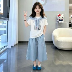 批发<b class='q'>女</b><b class='q'>童</b>印花休闲短袖套装夏季2026新款洋气女大童披肩百搭休闲