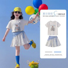 批发女童印花休闲短袖套装夏季2026新款洋气女大童披肩百搭休闲