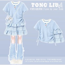 批发女童白色半身裙夏季套装26新款大童收腰短T恤女孩夏天长裙两件套
