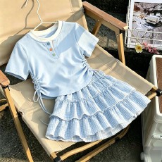 批发女童白色半身裙夏季套装26新款大童收腰短T恤女孩夏天长裙两件套