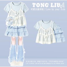 女童洋气明媚韩系穿搭2026新款大童初中生夏季假两件上衣套装