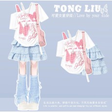 女童印花休闲短袖套装夏季2026新款洋气女大童披肩百搭休闲
