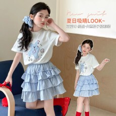 女童夏装套装新款可爱卡通印花T恤条纹蛋糕裙中大童甜美两件套夏