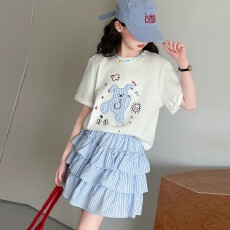 女童夏装套装新款可爱卡通印花T恤条纹蛋糕裙中大童甜美两件套夏