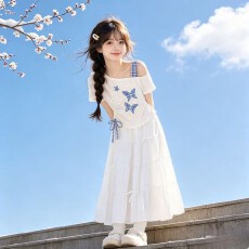 批发<b class='q'>女童</b>连<b class='q'>衣裙</b>夏装2026新款洋气儿童甜美斜肩短袖套装女孩夏季