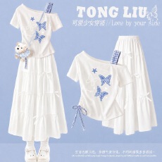 批发<b class='q'>女童</b>连<b class='q'>衣裙</b>夏装2026新款洋气儿童甜美斜肩短袖套装女孩夏季