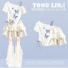 批发<b class='q'>女童</b>连<b class='q'>衣裙</b>夏装2026新款洋气儿童甜美斜肩短袖套装女孩夏季