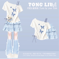 批发<b class='q'>女童</b>连<b class='q'>衣裙</b>夏装2026新款洋气儿童甜美斜肩短袖套装女孩夏季