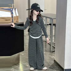 批发女童春秋薄款条纹连帽卫衣套装中大童女孩<b class='q'>休闲</b>两件套网红潮流秋装