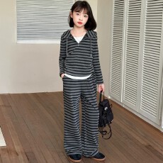 批发女童春秋薄款条纹连帽卫衣套装中大童女孩<b class='q'>休闲</b>两件套网红潮流秋装