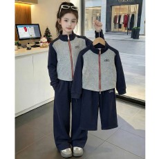 批发女童秋季套装2026春秋新款立领条纹披肩外套儿童韩版<b class='q'>休闲</b>直筒裤潮