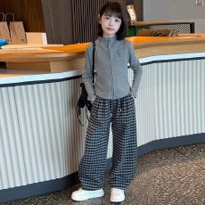 批发女童秋季套装2026春秋新款立领条纹披肩外套儿童韩版<b class='q'>休闲</b>直筒裤潮