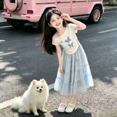 批发<b class='q'>女</b><b class='q'>童</b><b class='q'>连衣裙</b>夏装2026新款洋气儿童甜美斜肩短袖套装女孩夏季