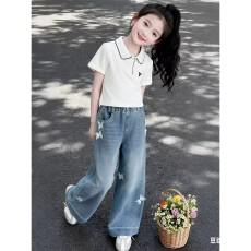 批发女童牛仔<b class='q'>裤</b>蝴蝶烫钻2026新款春秋洋气休闲直筒阔腿中大童儿童<b class='q'>裤</b>子