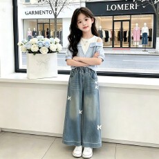 批发夏季<b class='q'>女</b><b class='q'>童</b>套装假两件拼接露肩上衣韩系穿搭牛仔裤学院风学生两件套