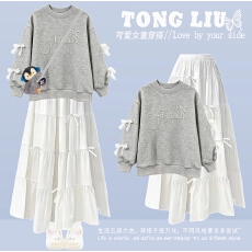 批发韩国<b class='q'>女童</b>时髦<b class='q'>套</b>装2026秋超好看时尚上衣裙子两件套华棉复合牛奶丝