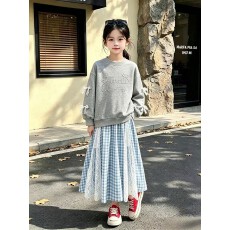 批发韩国女童时髦套装2026秋超好看时尚上衣裙子两件套华棉复合牛奶丝