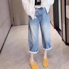 批发大码八分<b class='q'>哈伦</b><b class='q'>牛仔</b>裤女夏季薄款胖mm小个子宽松高腰显瘦直筒阔腿裤