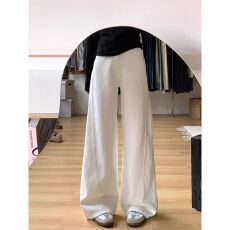 批发韩版薄款复古美式白色牛仔裤女胖mm宽松高腰显瘦直筒阔腿弯刀<b class='q'>裤子</b>