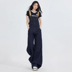 批发深蓝色背带<b class='q'>裤</b>女2025秋季新款美式宽松显瘦百搭阔腿直筒牛仔<b class='q'>连身</b><b class='q'>裤</b>